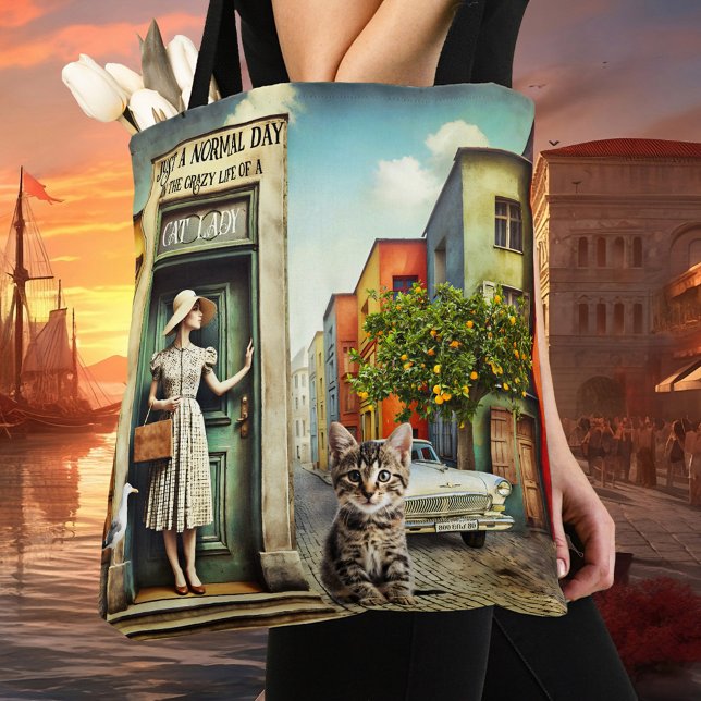 Fifties Fine Art Crazy Cat Lady (Tote bag featuring a fine art painting of an elegant lady in a surreal city scene with a cat)