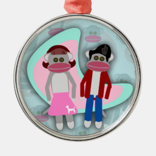 Fifties Sock Hop Sock Monkeys Retro Art Cartoon Silbernes Ornament