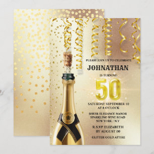 Fiftieth gold Glitzer Schaumwein elegantes Party Einladung