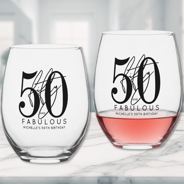 Fifty 50th Birthday Weinglas Ohne Stiel (Fifty Fabulous 50th Birthday Party Stemless Wine Glass)