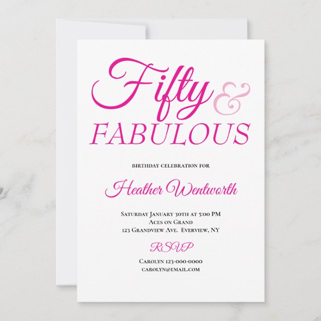 Fifty and Fabulous 50th Birthday Pink Script Einladung (Vorderseite)