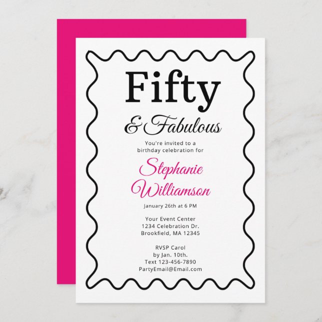 Fifty and Fabulous Black and Pink Script Einladung (Vorne/Hinten)