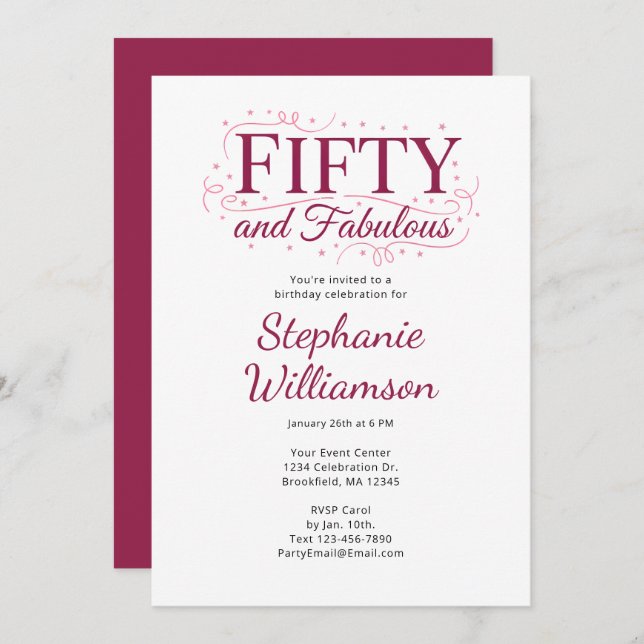 Fifty and Fabulous Black Berry Pink Script Einladung (Vorne/Hinten)