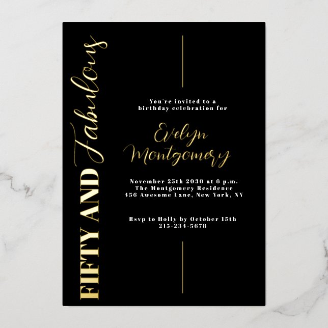 Fifty and Fabulous Black Gold 50th Birthday Party  Folieneinladung (Vorderseite)