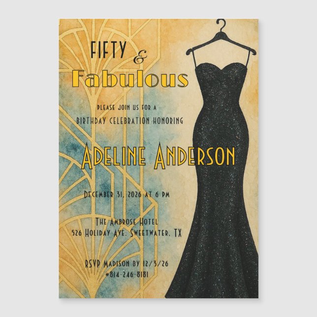 Fifty and Fabulous Black Gold Art Deco Magnet Card (Vorderseite)
