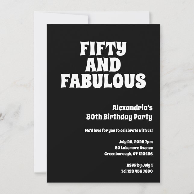 Fifty and Fabulous Black White 50th Birthday Einladung (Vorderseite)