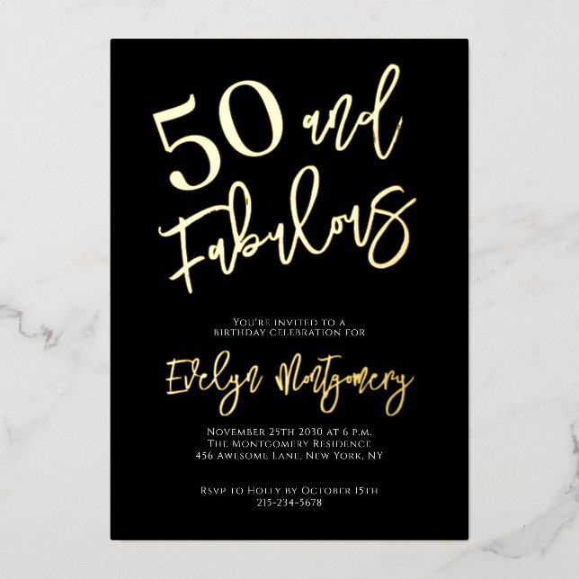 Fifty and Fabulous Gold Black 50th Birthday Party  Folieneinladung (Vorderseite)
