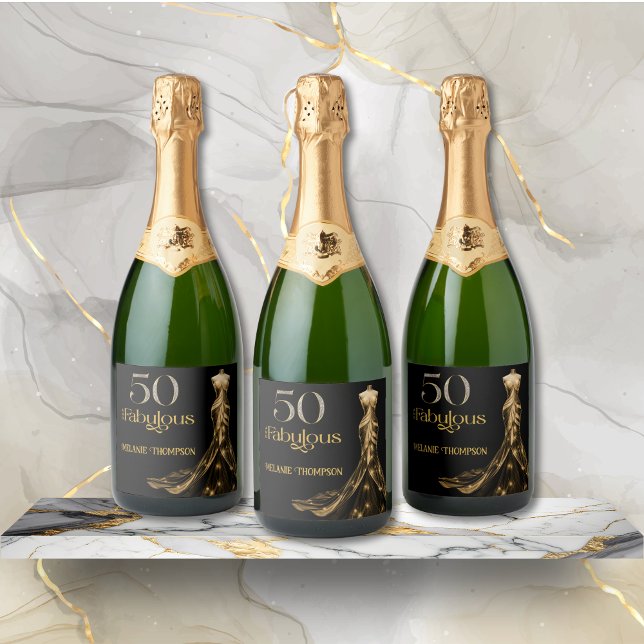 Fifty and Fabulous Gold Dress Black 50th Birthday (Fifty and Fabulous Gold Dress Black 50th Birthday Sparkling Wine Label with Diamonds, Her Name.)