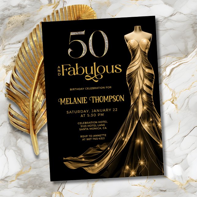 Fifty and Fabulous Gold Dress Black 50th Birthday Einladung (Fifty and Fabulous Elegant Gold Dress Black 50th Birthday Invitation with Gold and Diamond 50.)