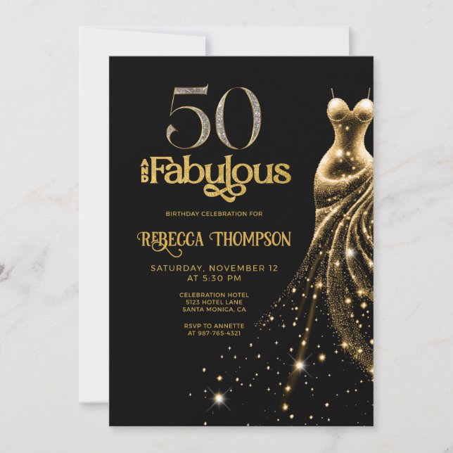 Fifty and Fabulous Gold Dress Black 50th Birthday Einladung (Vorderseite)