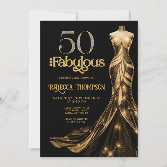 Fifty and Fabulous Gold Dress Black 50th Birthday Einladung (Vorderseite)