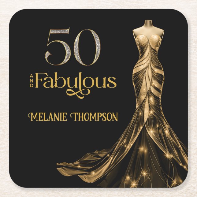 Fifty and Fabulous Gold Dress Black 50th Birthday Rechteckiger Pappuntersetzer (Vorderseite)