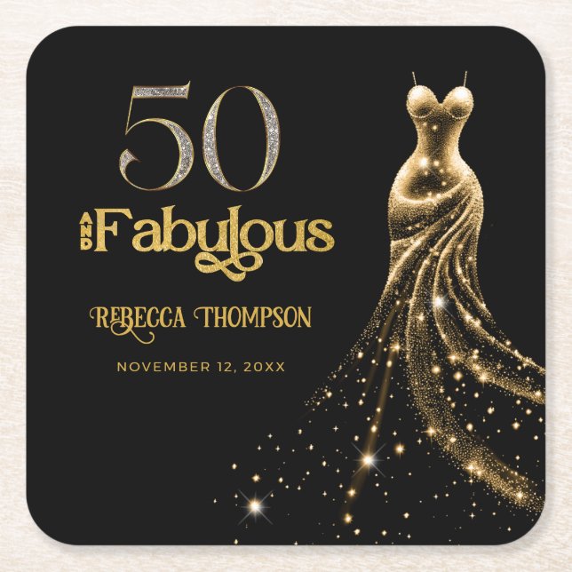 Fifty and Fabulous Gold Dress Black 50th Birthday Rechteckiger Pappuntersetzer (Vorderseite)
