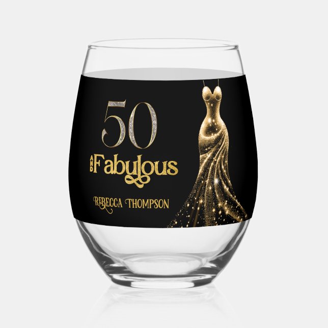 Fifty and Fabulous Gold Dress Black 50th Birthday Weinglas Ohne Stiel (Vorderseite)