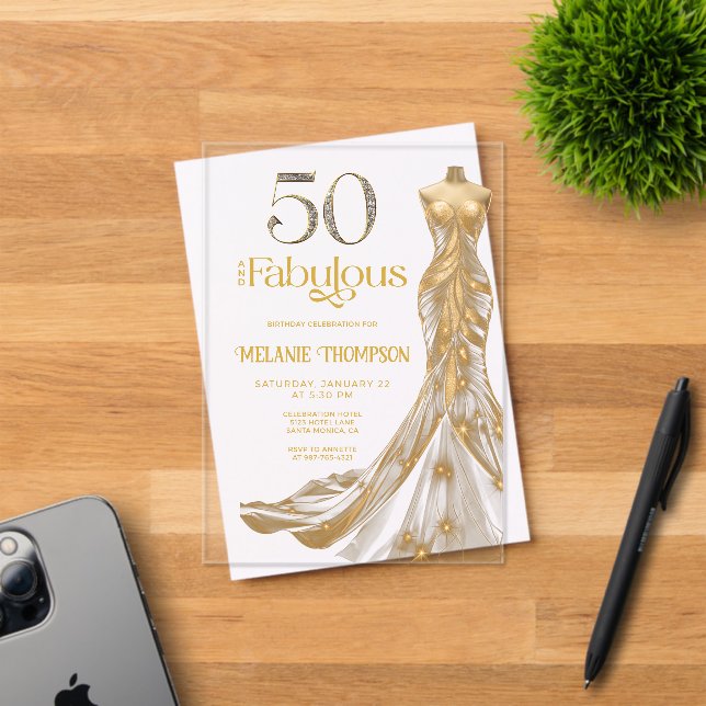Fifty and Fabulous Gold Dress Photo 50th Birthday Acryleinladungen (Insitu (Einladungskarte))