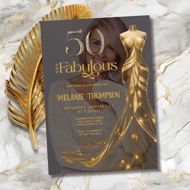 Fifty and Fabulous Gold Dress Photo 50th Birthday Einladung (Fifty and Fabulous Gold Dress Photo 50th Birthday invitation with Gold and Diamond 50 on Black.)