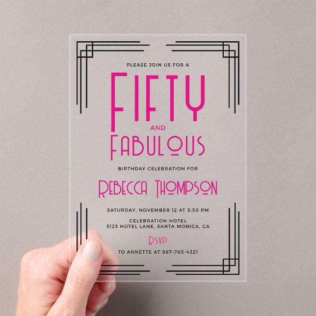 Fifty and Fabulous Hot Pink Art Deco 50th Birthday Acryleinladungen (Insitu (Handheld))