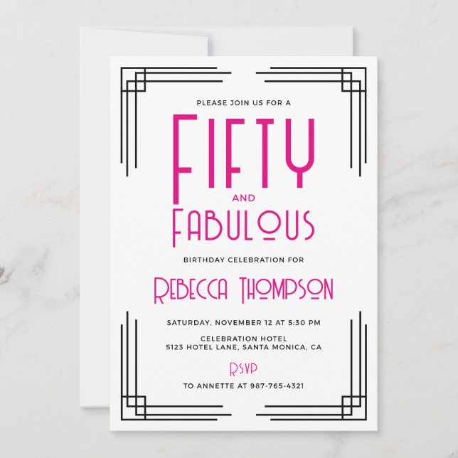 Fifty and Fabulous Hot Pink Art Deco 50th Birthday Einladung (Vorderseite)