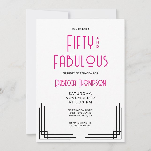 Fifty and Fabulous Hot Pink Art Deco 50th Birthday Einladung (Vorderseite)