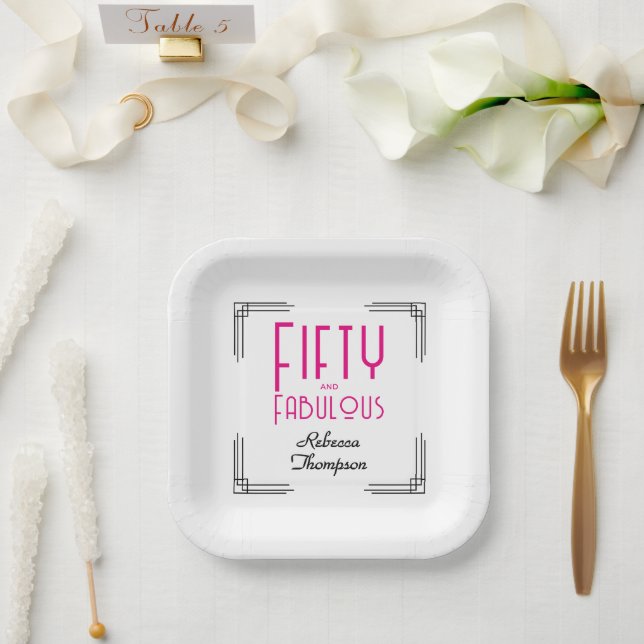 Fifty and Fabulous Hot Pink Art Deco 50th Birthday Pappteller (Hochzeit)