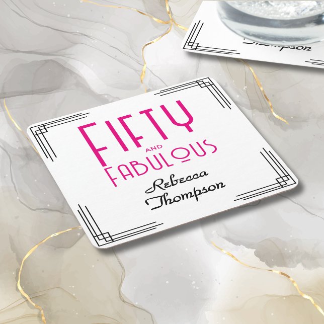 Fifty and Fabulous Hot Pink Art Deco 50th Birthday Rechteckiger Pappuntersetzer (Fifty and Fabulous Hot Pink Art Deco 50th Birthday Napkins with Black and White Corners, Her Name.)