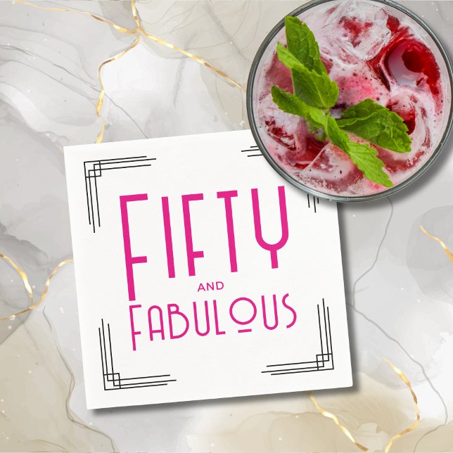 Fifty and Fabulous Hot Pink Art Deco 50th Birthday Serviette (Fifty and Fabulous Hot Pink Art Deco 50th Birthday Napkins with Black and White Art Deco Corners.)