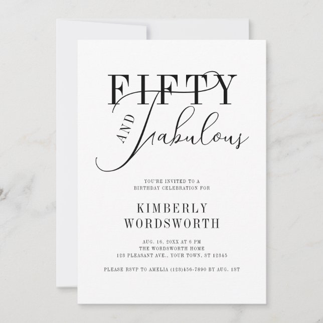 Fifty and Fabulous Minimal Script 50th Birthday Einladung (Vorderseite)