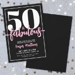 Fifty And Fabulous Modern 50th Birthday Party Einladung<br><div class="desc">Introducing a chic and stylish "50 and Fabulous" birthday party invitation, perfect for celebrating this milestone with flair. The sleek design features a bold black background with "50 and Fabulous" prominently displayed at the top in elegant bold serif and script calligraphy. The text throughout the invitation combines modern and script...</div>
