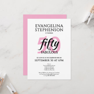 Fifty and Fabulous Modern Pink White 50th Birthday Einladung