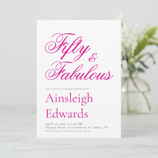 Fifty and Fabulous Pink 50th Birthday Party Einladung (Stehend Vorderseite)