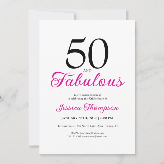 Fifty and Fabulous Pink Script 50th Birthday Einladung (Vorderseite)
