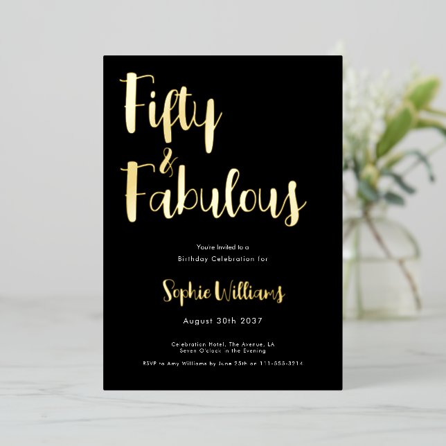 Fifty and Fabulous Script 50th Birthday Party Folieneinladung (Stehend vorne)