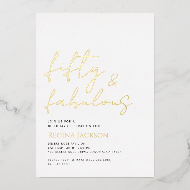 Fifty And Fabulous Script Gold 50th Birthday Party Folieneinladung (Vorderseite)