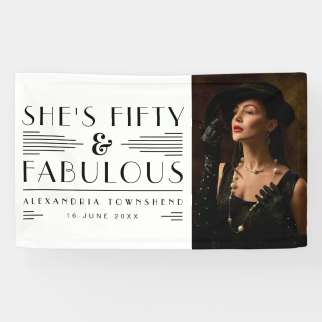 Fifty & Fabulous Art Deco Photo 50th Birthday Banner (Horizontal)
