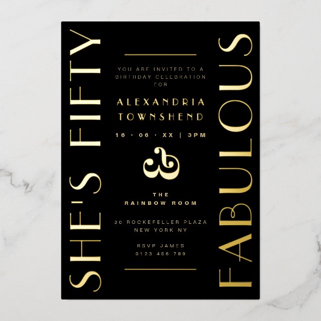 Fifty & Fabulous Black Art Deco 50th Birthday Folieneinladung (Vorderseite)