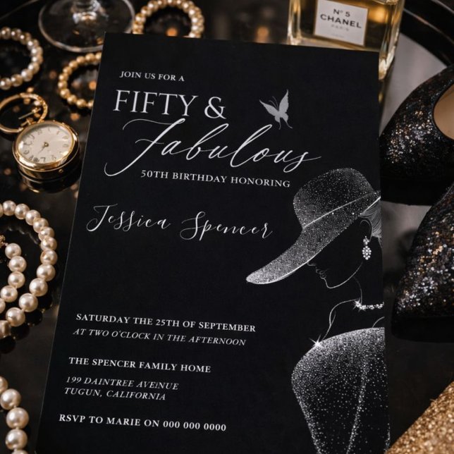 Fifty & Fabulous Black Glam 50th Birthday Einladung (Von Creator hochgeladen)