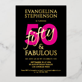 Fifty Fabulous Black Gold Pink Photo 50th Birthday Folieneinladung