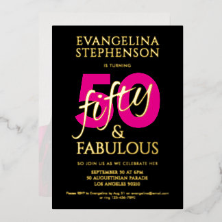 Fifty Fabulous Black Gold Pink Photo 50th Birthday Folieneinladung