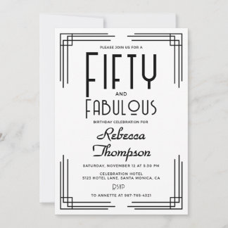 Fifty Fabulous Black White Art Deco 50th Birthday Einladung
