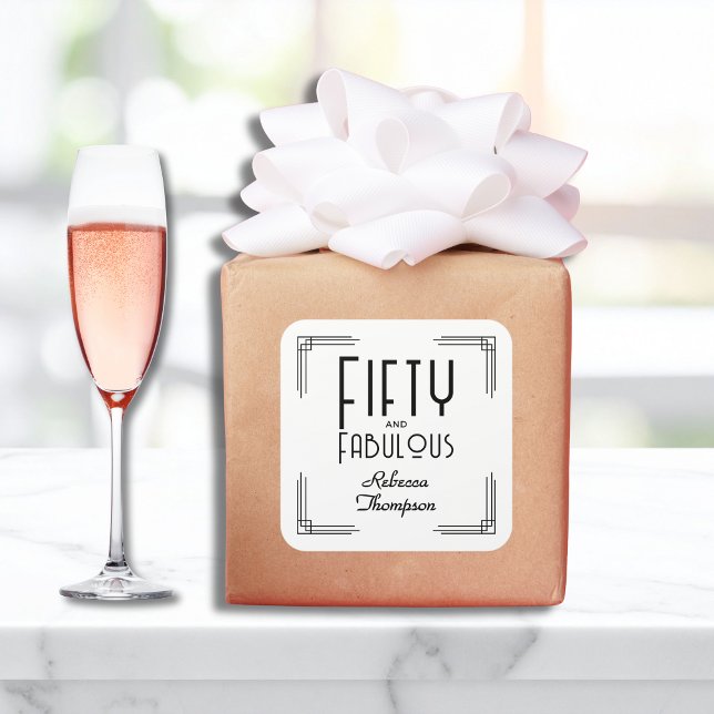 Fifty Fabulous Black White Art Deco 50th Birthday Quadratischer Aufkleber (Fifty and Fabulous Black and White Art Deco 50th Birthday Square Sticker with Her Name.)