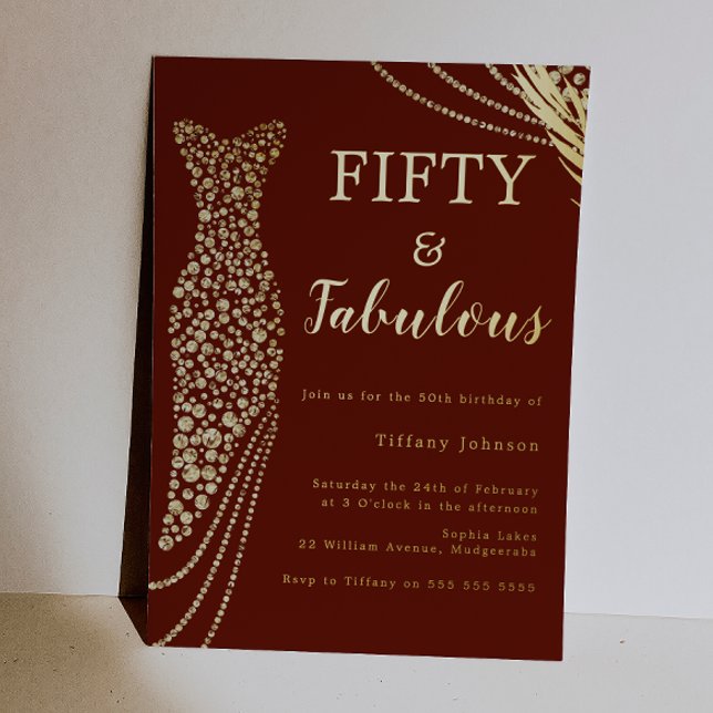 Fifty & Fabulous Burgundy & Gold 50th Birthday  Folieneinladung (Von Creator hochgeladen)