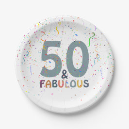 Fifty & Fabulous Fun Confetti Blaue Typografie Pappteller