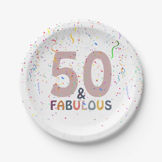 Fifty & Fabulous Fun Confetti Pink Typografie Pappteller (Vorderseite)
