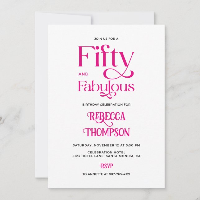 Fifty Fabulous Hot Pink Script 50th Birthday Einladung (Vorderseite)