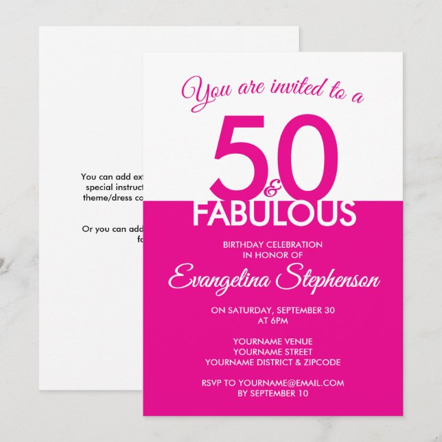 Fifty Fabulous Modern Pink White 50th Birthday  Einladung (Vorne/Hinten)