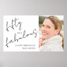 Fifty Fabulous Photo Black White Script Birthday