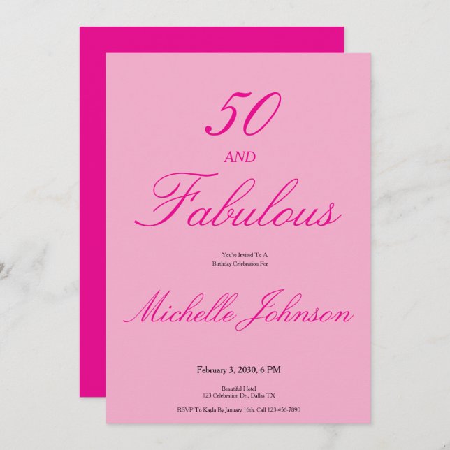 Fifty & Fabulous Pink 50th Birthday Party Einladung (Vorne/Hinten)