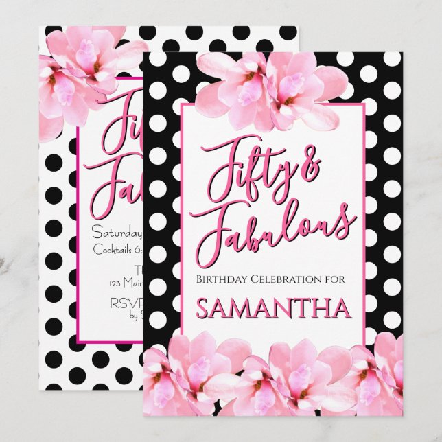 Fifty & Fabulous Pink Floral Black Birthday Einladung (Vorne/Hinten)