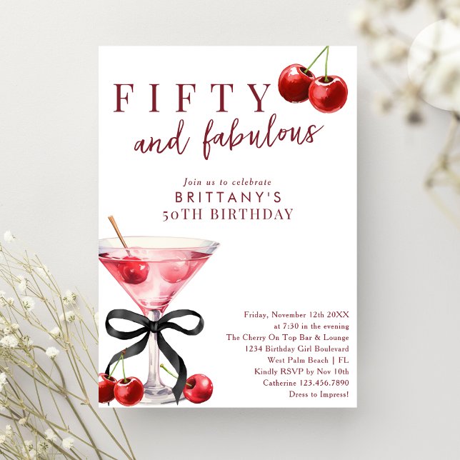 Fifty & Fabulous Red Cherry Martini 50th Birthday Einladung (Von Creator hochgeladen)
