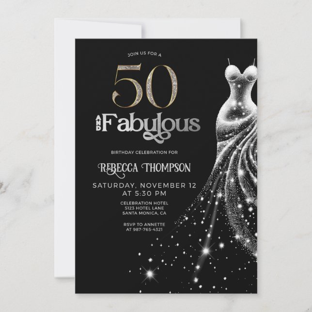 Fifty Fabulous Silver Dress Black 50th Birthday Einladung (Vorderseite)